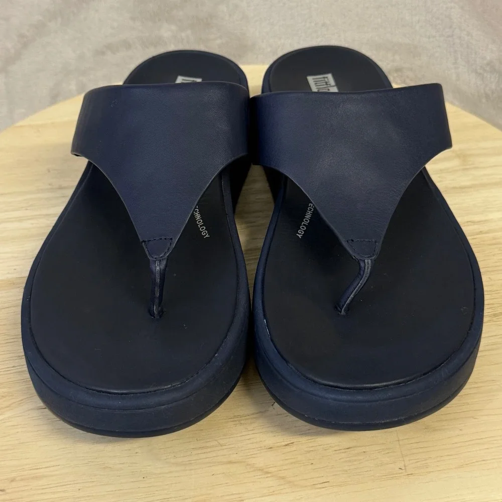 FitFlop Lulu Navy Leather Wedge Sandals Thong Platform FW4-399 Womens 9